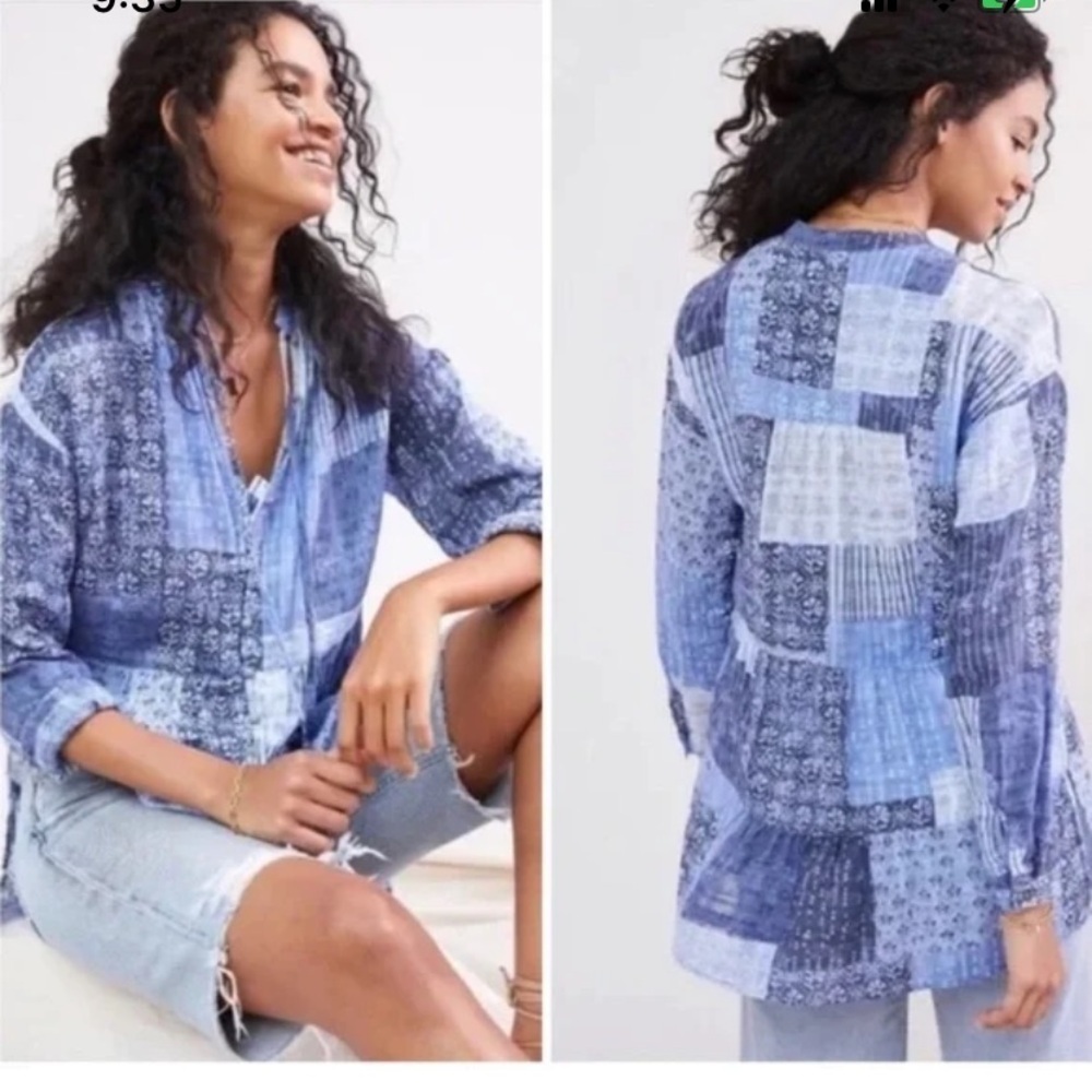 Pilcro Anthropologie Blouse Tunic‎ Patchwork Print Tiered Medium Petite - Picture 6 of 12